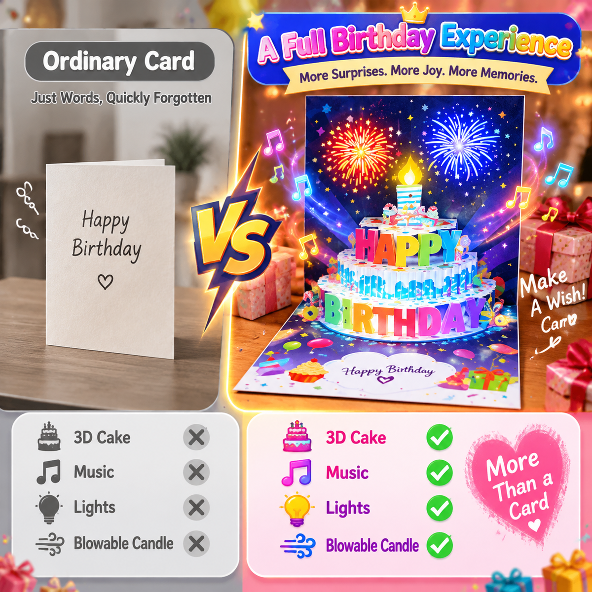 🔥Limited Time 49% OFF | Birthday Cards With Fireworks & Pop Up Cake & Blowable Light and Music🎂