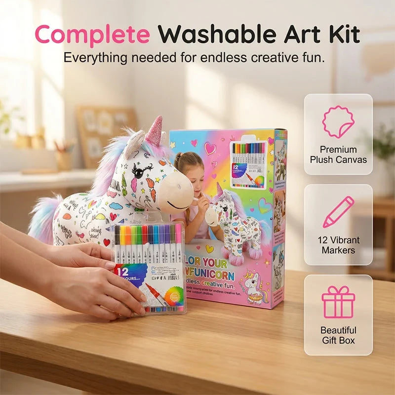 🦄50% OFF NOW ! ✨DIY Washable Coloring Unicorn Plush Kit – Reusable Colour-In Stuffed Toy with 12 Markers, Kids Creative Art Craft Set, Perfect Birthday & Holiday Gift