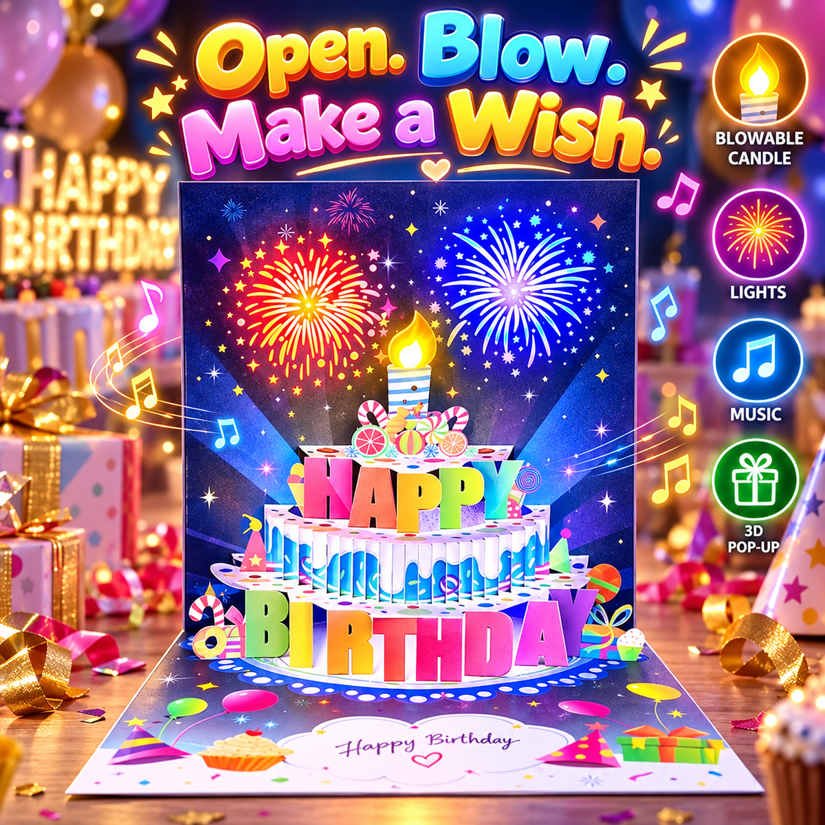 🔥Limited Time 49% OFF | Birthday Cards With Fireworks & Pop Up Cake & Blowable Light and Music🎂