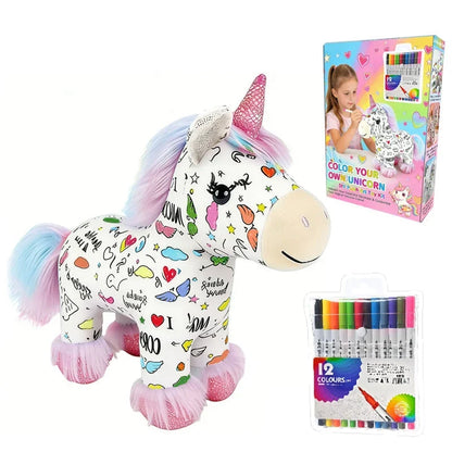 🦄50% OFF NOW ! ✨DIY Washable Coloring Unicorn Plush Kit – Reusable Colour-In Stuffed Toy with 12 Markers, Kids Creative Art Craft Set, Perfect Birthday & Holiday Gift